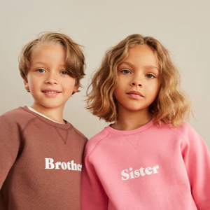 A boy wearing brown Brother sweatshirt and a girl wearing pink Sister sweatshirt