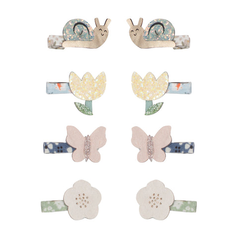 flower print covered hair clips with faux leather snail,tulip, butterfly and flower