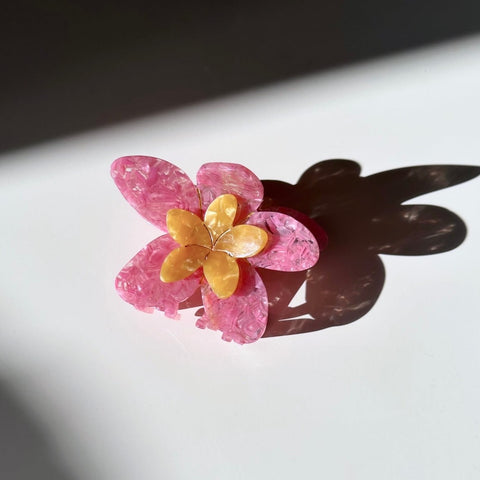 handpainted flower acetate hair claow clip in pink and yellow