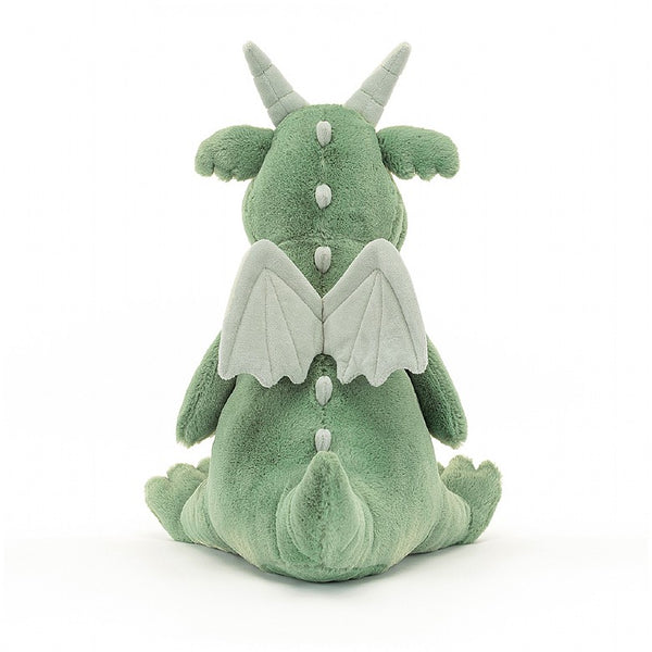 Stuffed plush green dragon doll made with the softest faux fur fleece and faux suede. Cuddly soft toy.