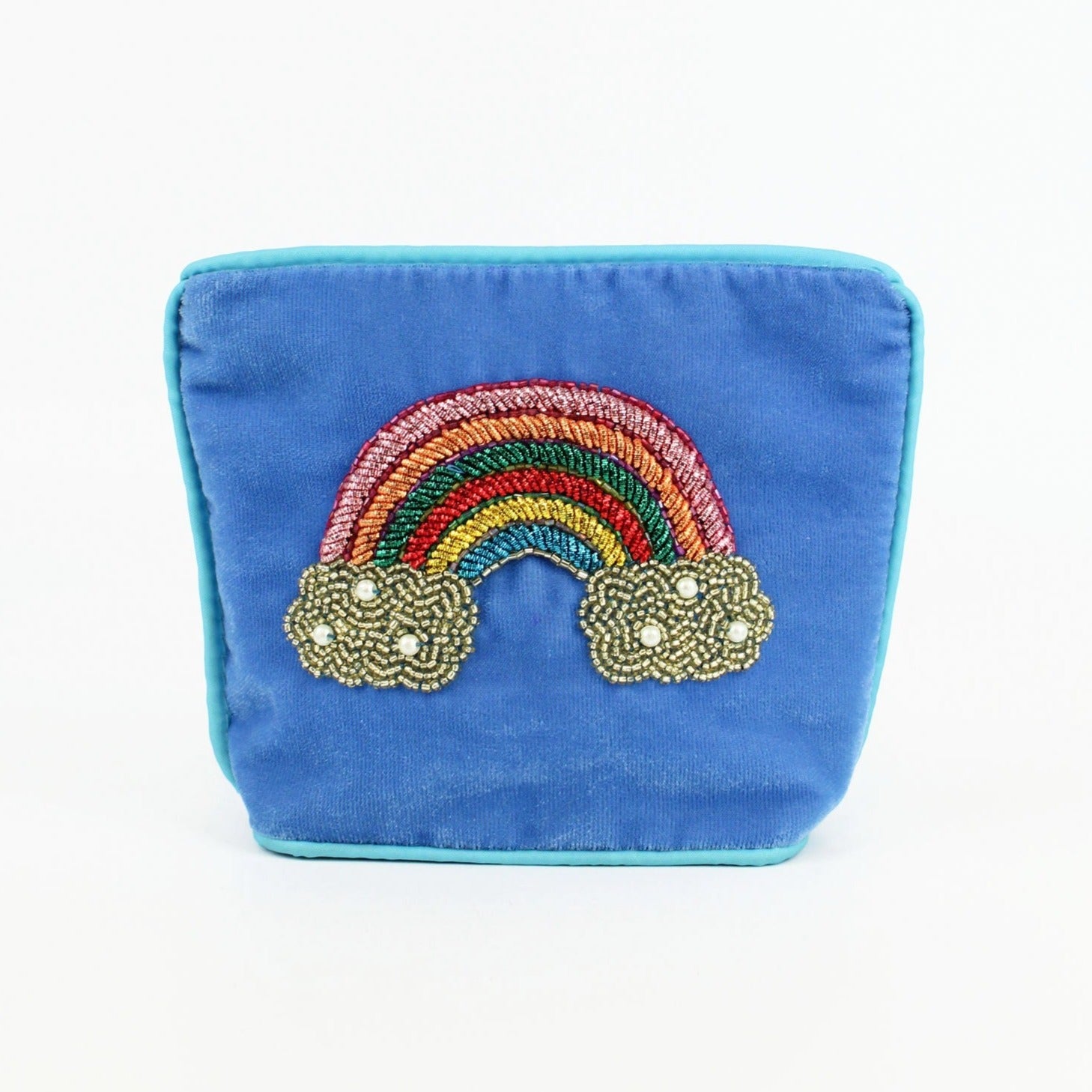 blue velvet purse with beaded raibow motif and zip closure