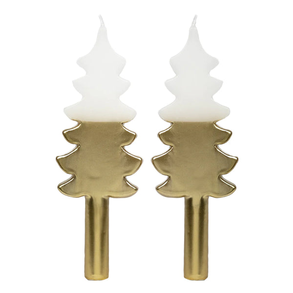 white and gold dinner candles in christmas tree shape