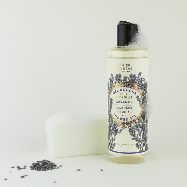 lavendar showe gel in a bottle with lavendar illustration and black lid