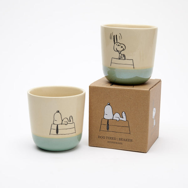 natural coloured stoneware beaker with blue glazed bottom, with snoopy on roof illustration, kraft gift box