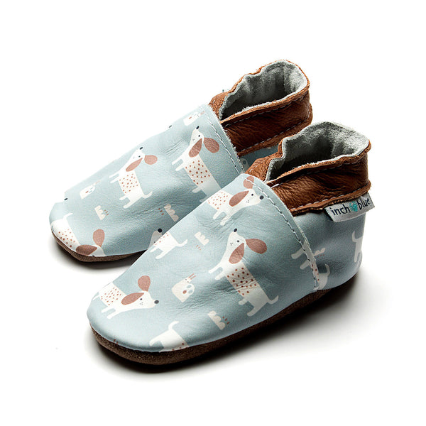 Handmade baby shoes with dog prints in duck egg blue and brown