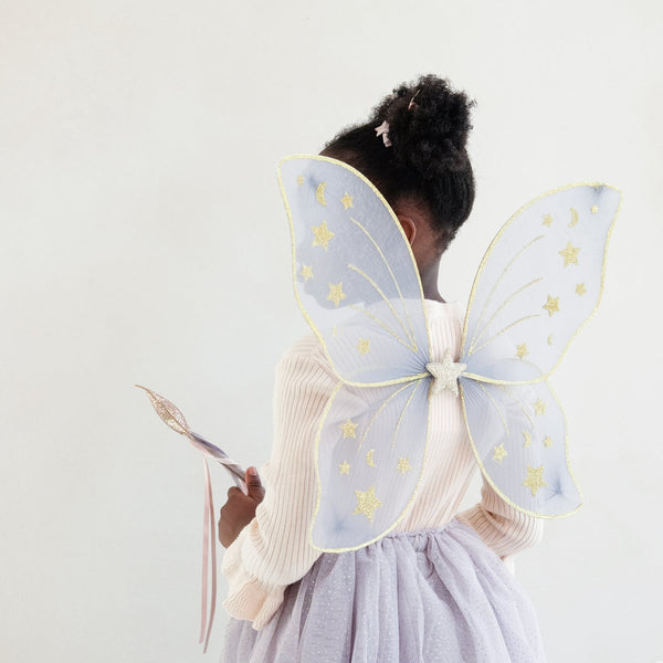 butterfly wings in sheer grey mesh and glittery gold moon stars pattern