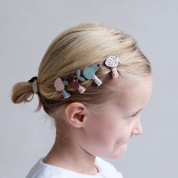 gingham hair clips with faux leather fruits