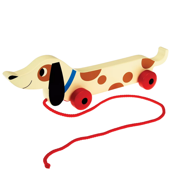 vintage style wooden sausage dog toy in a box