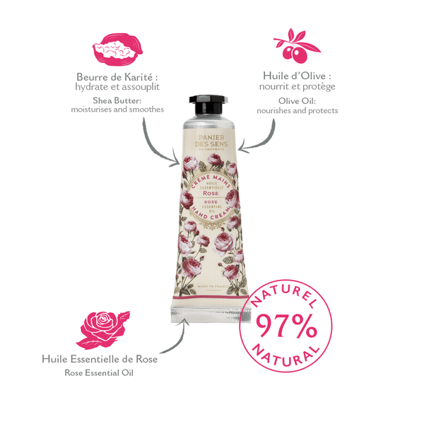 Rose hand cream in a silver tube with rose illustration and black lid