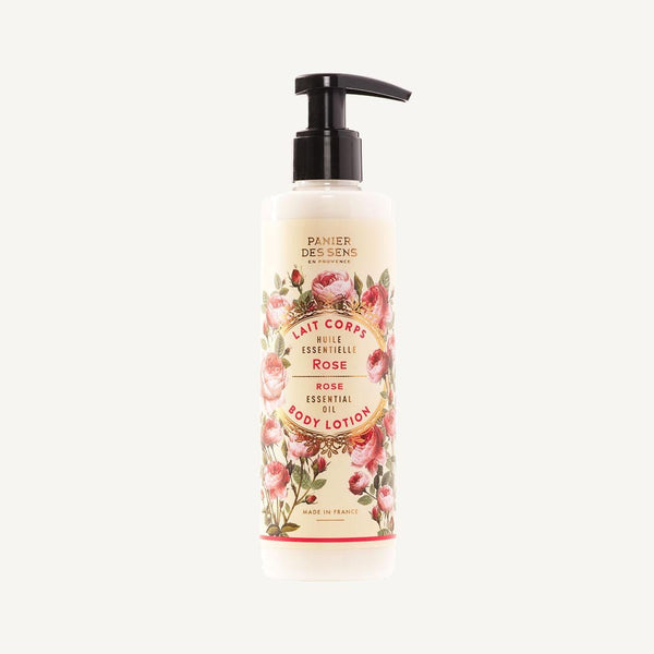 rose body lotion in a bottle with rose illustration and black pump
