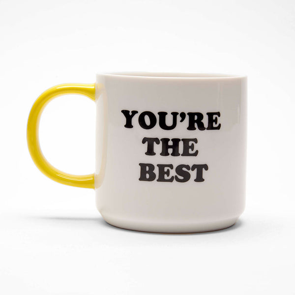 white ceramic mug with YOU'RE THE BEST sligan, with yellow handle