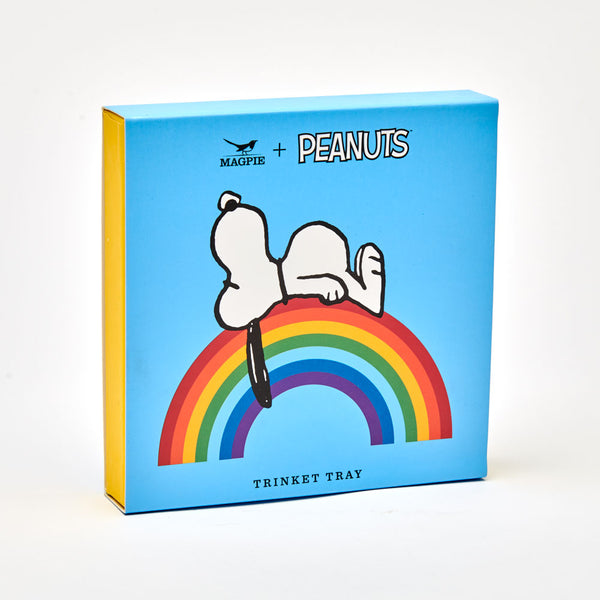 square ceramic trinket tray dish with peanuts snoopy on rainbow illustration in a gift box