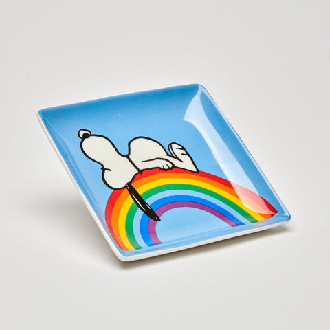 square ceramic trinket tray dish with peanuts snoopy on rainbow illustration