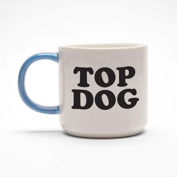 white ceramic mug with TOP DOG sligan with blue handle