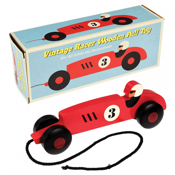 vintage style wooden racing car toy in red