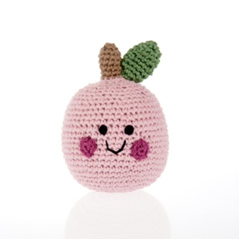 organic cotton crochet pink apple baby rattle with smiley face