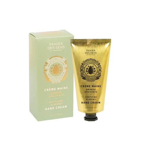 almond hand cream in gold tube and green box