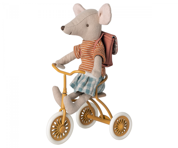 Maileg toy tricycle in mustard yellow with a garage box to fit Maileg mice dolls. 