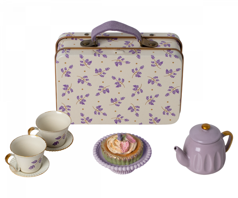 Miniature metal tin suitacase with tea cups and saucers, cake and cake stand and tea pot in purple lilac colour. for Maileg Mice doll toys.