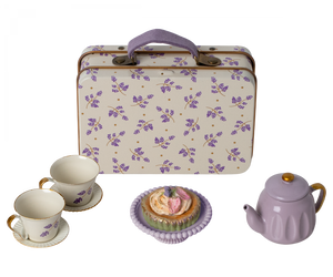 Miniature metal tin suitacase with tea cups and saucers, cake and cake stand and tea pot in purple lilac colour. for Maileg Mice doll toys.