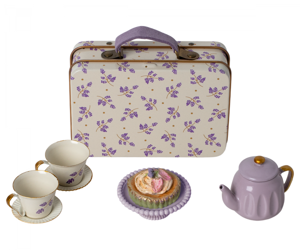 Miniature metal tin suitacase with tea cups and saucers, cake and cake stand and tea pot in purple lilac colour. for Maileg Mice doll toys.