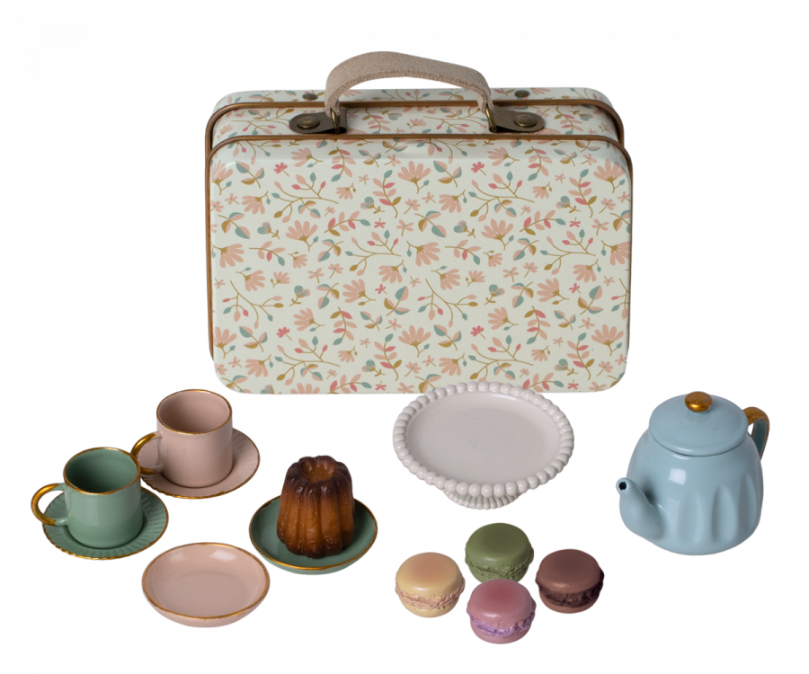 Miniature metal tin suitcase with tea cups and saucers, plates, cake stand, cake, macarons and tea pot. For Maileg mice doll toys.