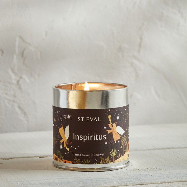 Inspiritus scented candle in a silver tin with christmas design label