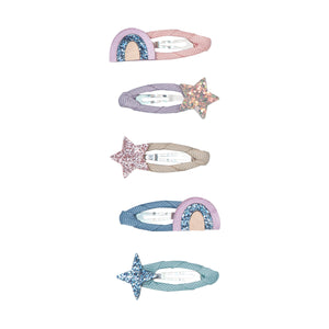 grosgrain covered hair clips with faux leather glittery rainbow and stars