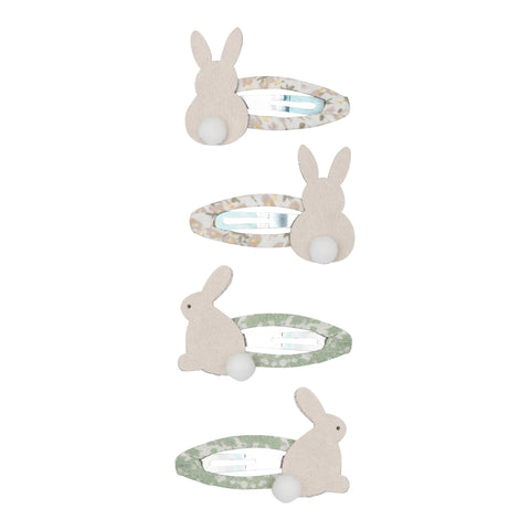 flower print covered hair clips with bunny rabbit with pompom tail