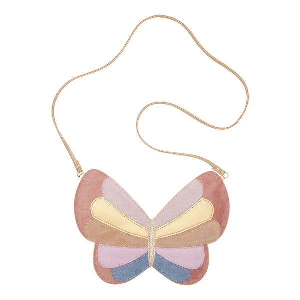 faux leather and suede butterfly shaped bag in pastel rainbow colours