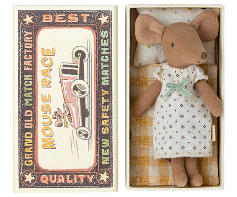 Stuffed brown linen mouse foll in cream pyjama, comes in a match box