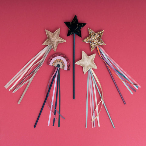 ribbon covered magic wand with glitter star and colourful ribbons