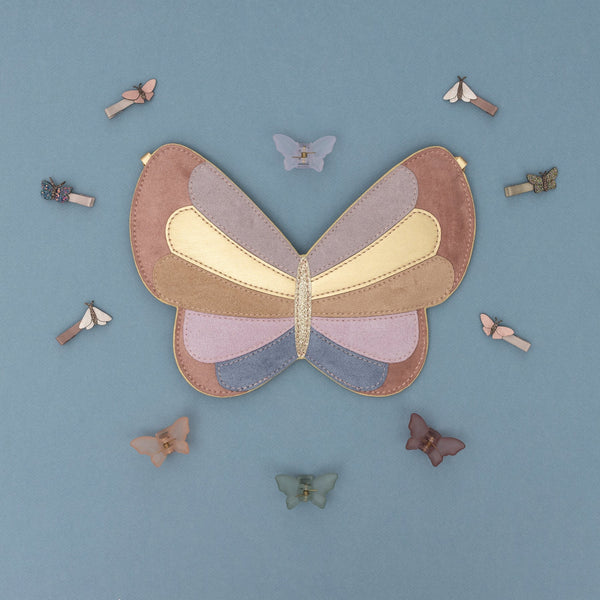 faux leather and suede butterfly shaped bag in pastel rainbow colours