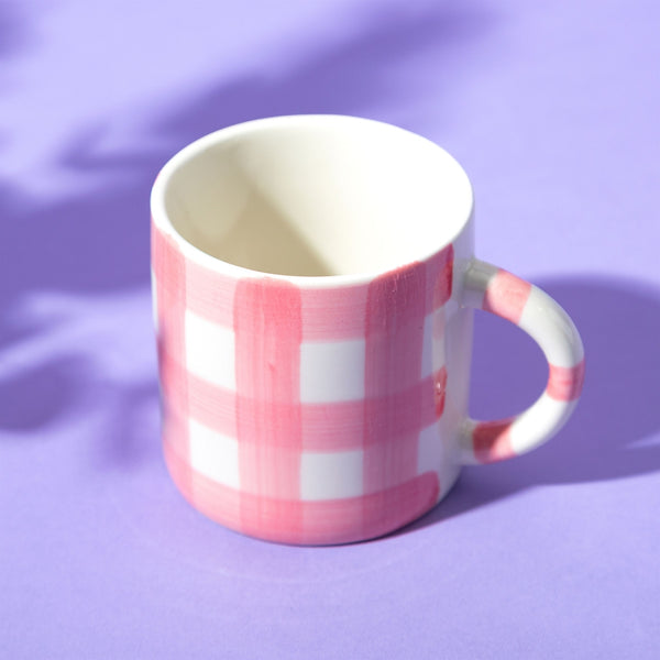 ceramic gingham mug in white and pink
