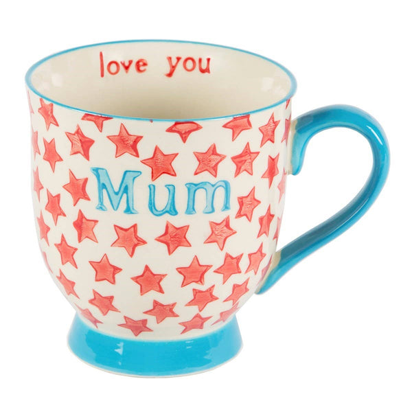 red star printed mug with love you mum print and handle in blue