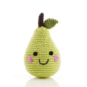 organic cotton crochet pear baby rattle with smiley face