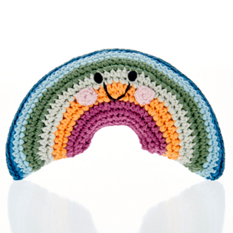 organic cotton crochet muted colour rainbow baby rattle 