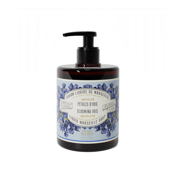 blooming iris french liquid soap in brown bottle with pump
