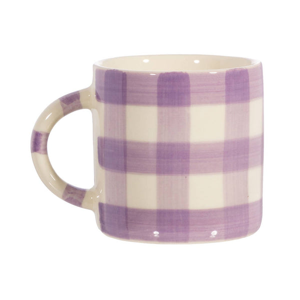ceramic gingham mug in white and lilac