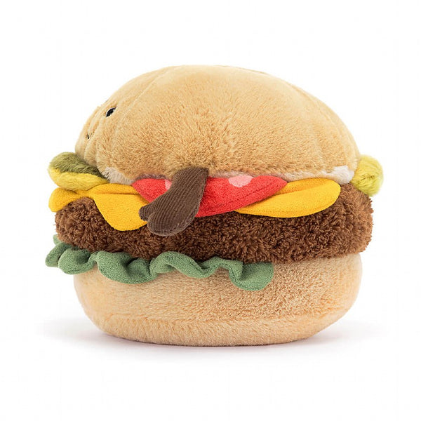 Plush burger doll made with soft faux fur fleece and corduroy fabric. Smiley face and little arms. Cuddly soft toy.