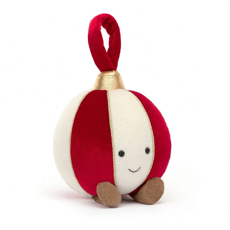 Soft velvet bauble plush toy in red, white and gold with smiley face and brown legs.