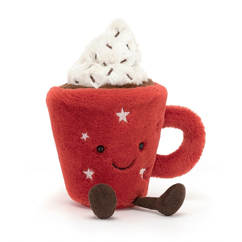 Hot chocolate cuddly plush toy made with soft fur in red, white and brown, with smiley face and brown cord legs