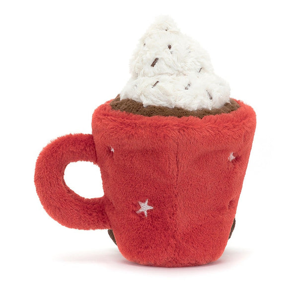 Hot chocolate cuddly plush toy made with soft fur in red, white and brown, with smiley face and brown cord legs