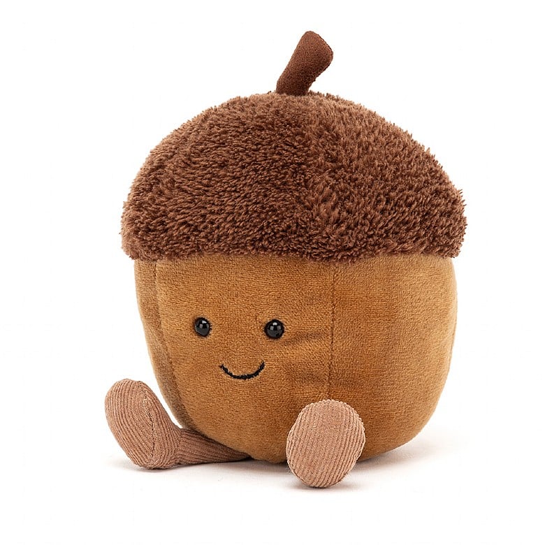 Plush stuffed Acorn Doll made with soft fleece faux fur and corduroy. Smiley face and little legs. Cuddly soft toy. 