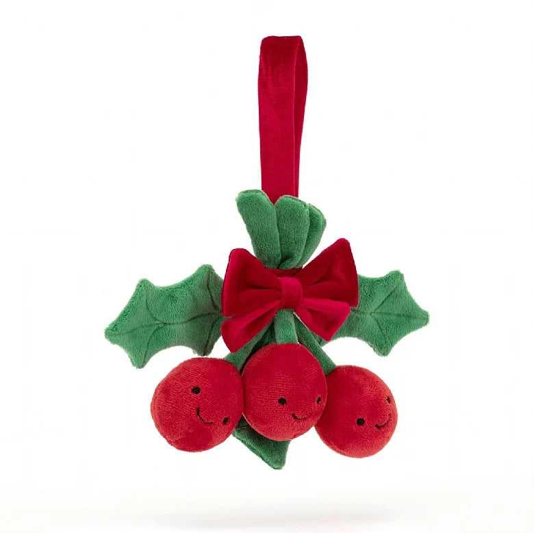 Red and green velour Holly Christmas tree decoration with smiley faces