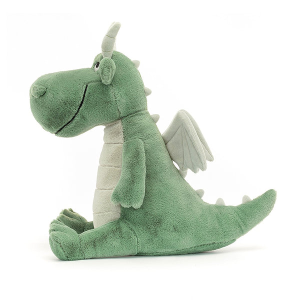 Stuffed plush green dragon doll made with the softest faux fur fleece and faux suede. Cuddly soft toy.