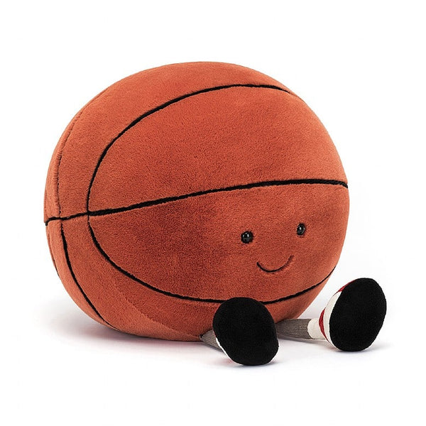 Soft fleece faux fur basketball doll with smiley face and little legs with socks and shoes. Cuddly soft toy. 