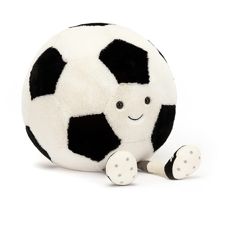 Soft fleece faux fur football doll with dmiley face and little legs with socks and boots. Cuddly soft toy.