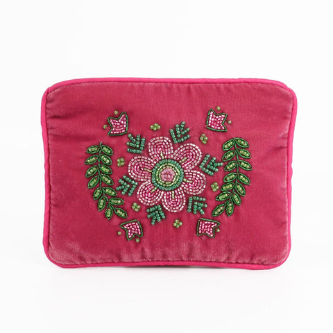 Fuchsia pink velvet purse with beaded pink and green floral motif and zip closure