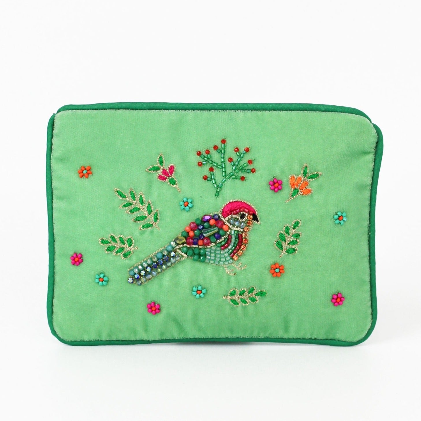 light green velvet purse with beaded bird and flower motif and zip closure